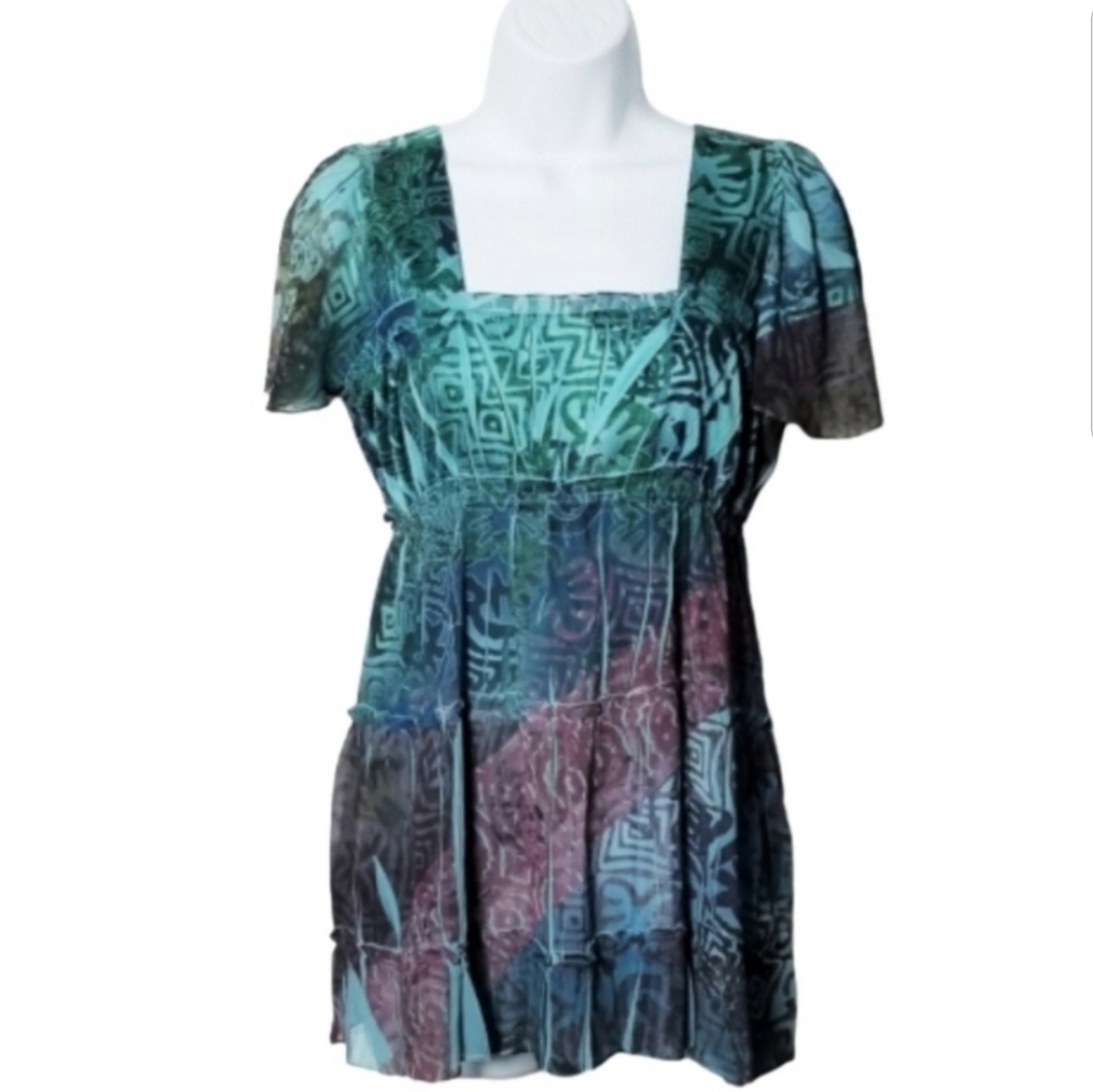 One World Batik Print Flutter Sleeve Blouse, Small Blue, Green, Purple Boho Top